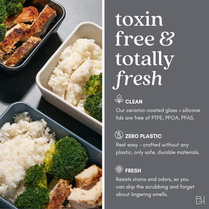 Ceramic Coated Glass Food Storage Container | No PTFE, PFOA, PFAS, and BPA | Reusable Non Toxic Meal Prep Container with Glass Lid | Easy To Store | 3 Cup Rectangle [Onyx]
