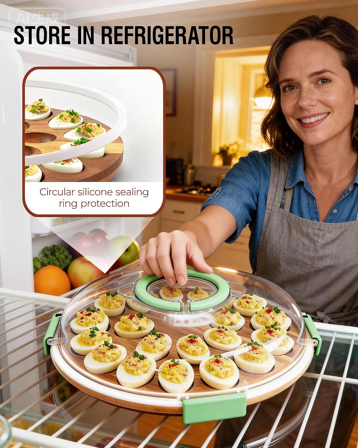 Renmxj Deviled Egg Containers with Lid (24 Eggs), 2026 Upgraded Acacia Wooden Deviled Egg Tray Platter for Party and Home Kitchen, The Lid is Dishwasher Safe (Black)