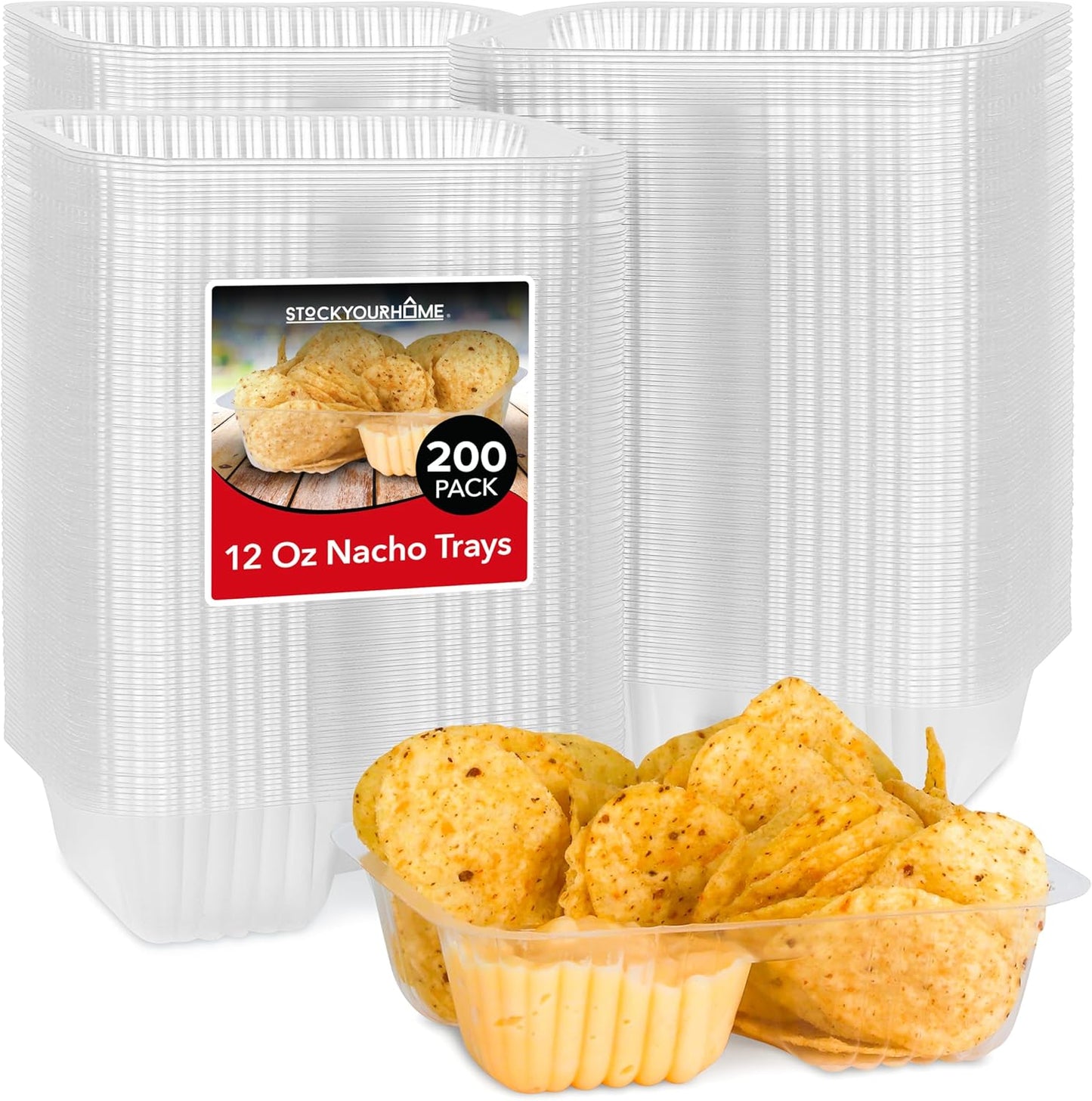 12oz Plastic Nacho Trays (100 Pack) Small Disposable Tray for Nachos & Cheese Dip, Concession Stand Supplies, Movie Night Snacks for Kids, Carnival Party Decorations, Food Boats, Snack Containers…