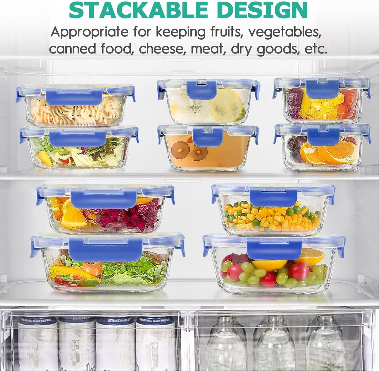 34pcs Glass Food Storage Containers with Lids Set, Airtight Glass Meal Prep Containers (17 Containers & 17 Lids), Leak Proof Lunch Container BPA-Free, Microwave, Oven, Freezer, Dishwasher Safe-Blue