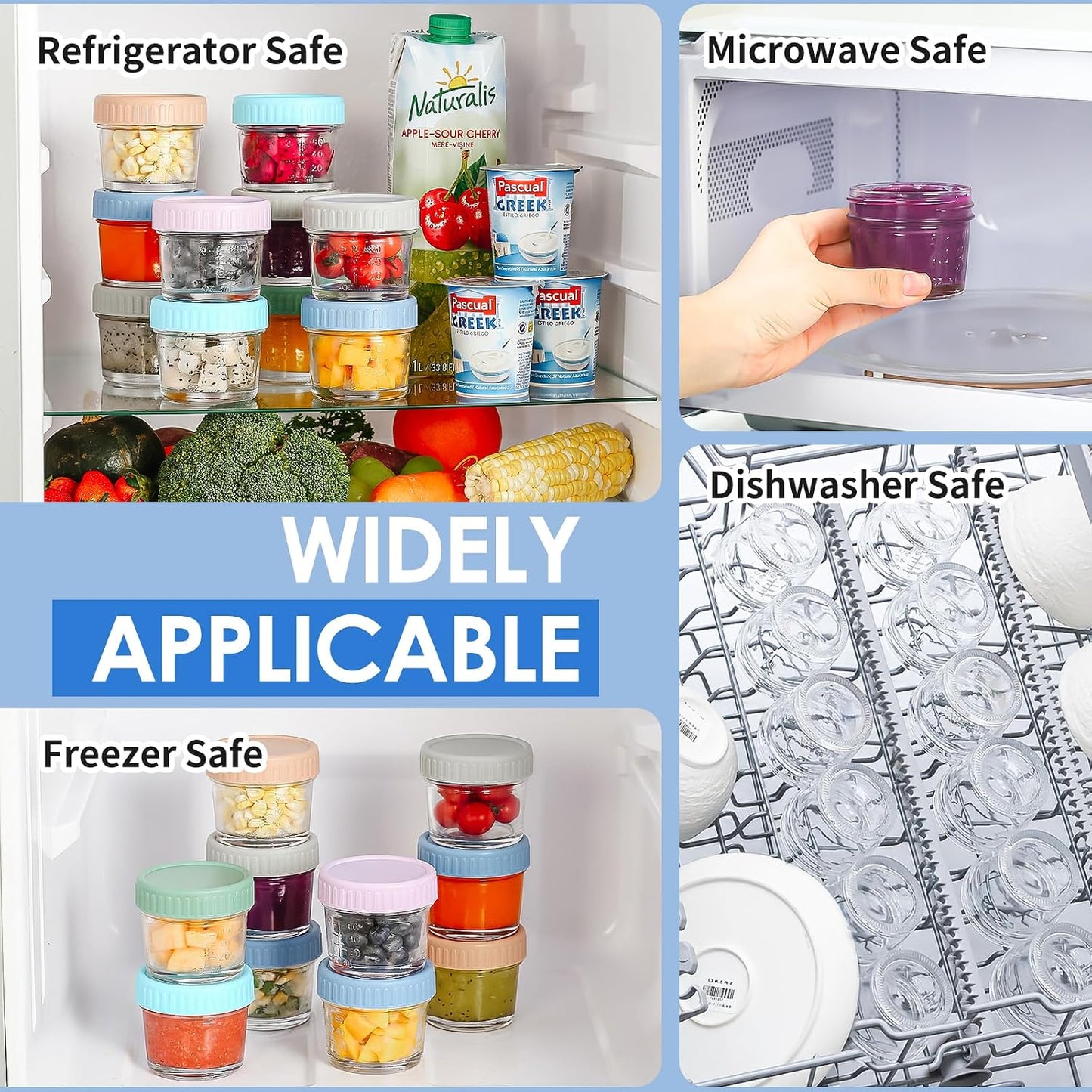 DRKIO 6 Pack Glass Baby Food Storage Containers - 4 Oz Baby Food Jars with Lids Baby Food Maker Microwave Dishwasher Freezer Safe 100% Leak Proof BPA Free Reusable