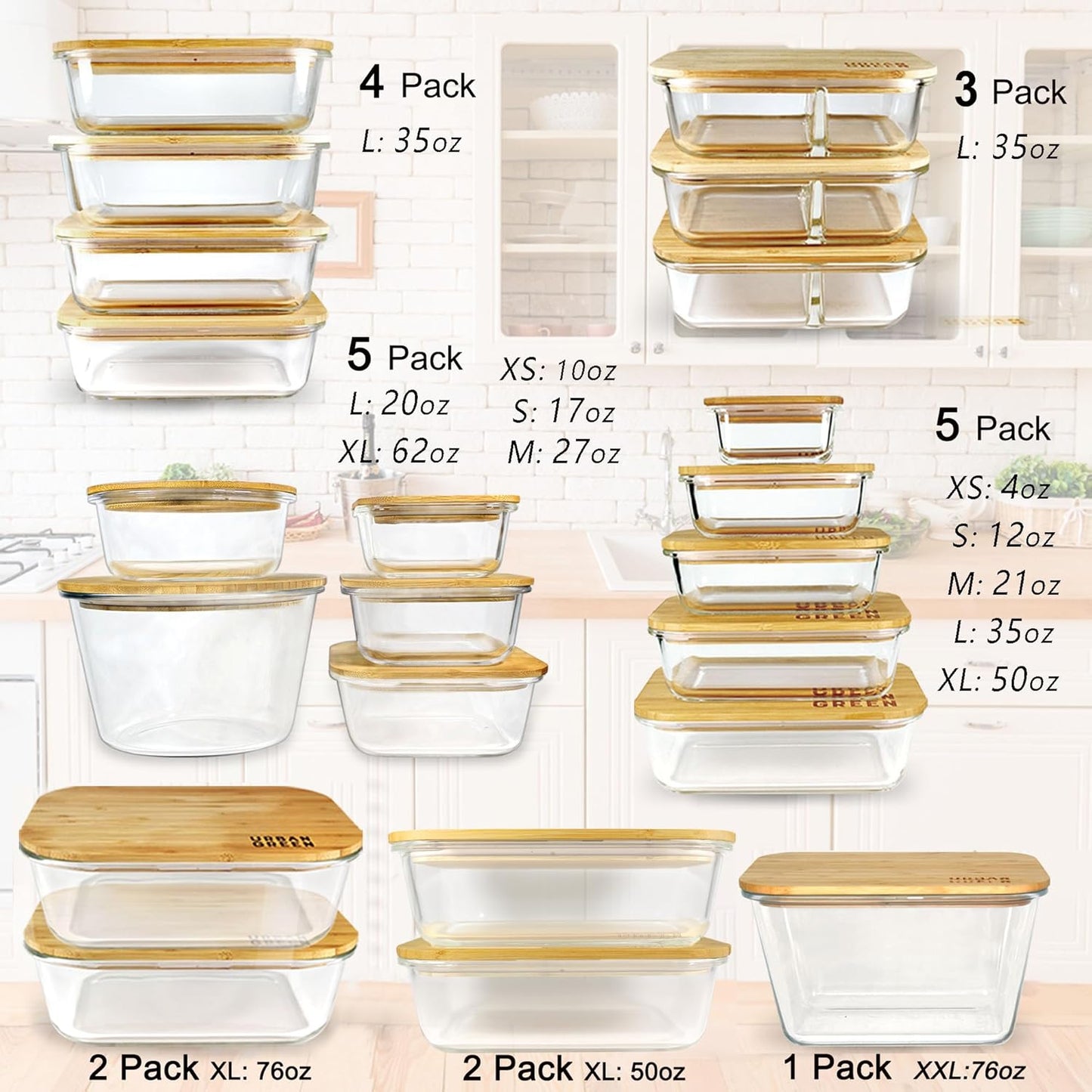 Urban Green Glass Food Container with Bamboo Lid, Airtight food storage Containers set, Glass Meal Prep Containers Set of 5, Dishwasher & Oven Safe