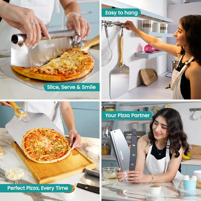 Aluminum Pizza Peel & Rocker Cutter Set (12" x 14") Premium Stainless Steel Pizza Paddle with Foldable Wooden Handle, Lightweight Pizza Spatula with Storage Bag for Oven & Outdoor Pizza Maker