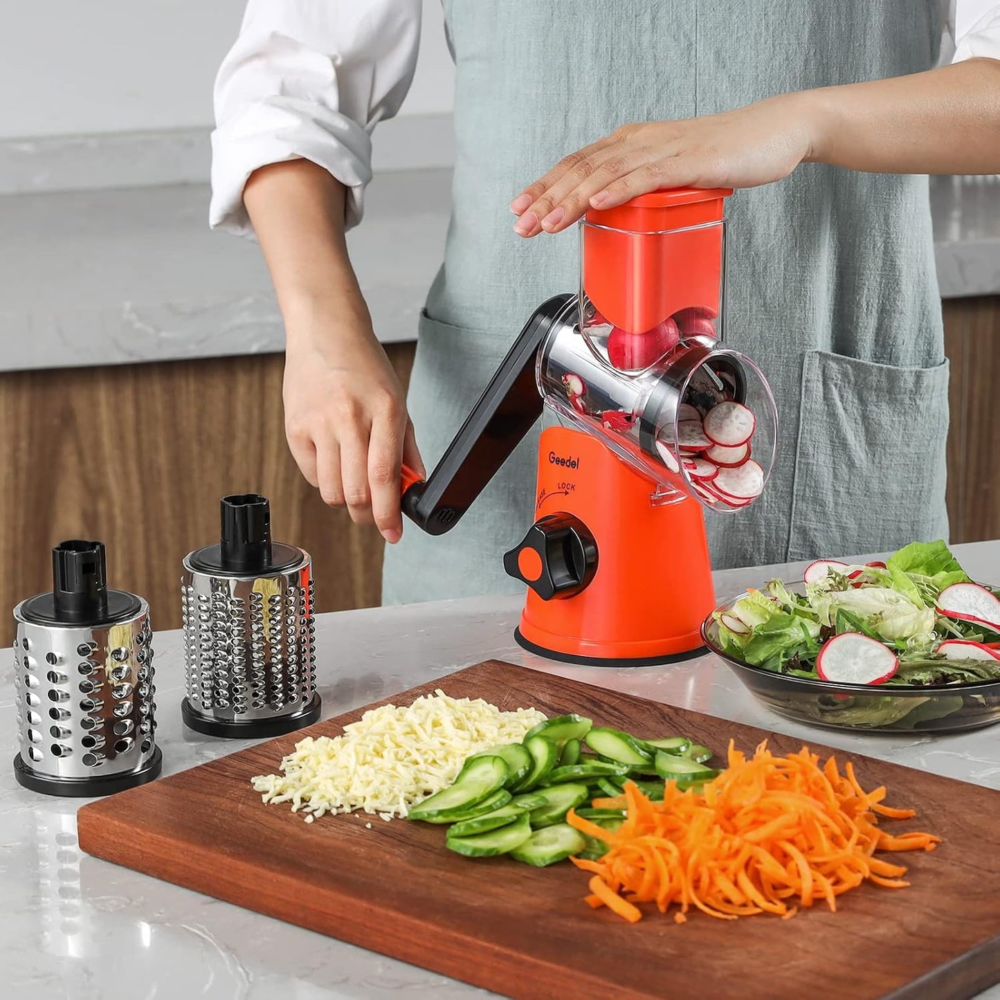 Geedel Rotary Cheese Grater, Kitchen Mandoline Vegetable Slicer with 3 Interchangeable Blades, Easy to Clean Rotary Grater Slicer for Cheese, Vegetables, Nuts