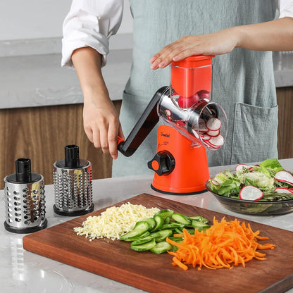 Geedel Rotary Cheese Grater, Kitchen Mandoline Vegetable Slicer with 3 Interchangeable Blades, Easy to Clean Rotary Grater Slicer for Cheese, Vegetables, Nuts