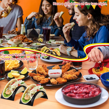 Baderke 24 Pcs Single Taco Holder Stand Black Plastic Tray Plates Mexico Taco Holder for Tuesday Night Carnival Backyard Party Supplies, Dishwasher Microwave Safe