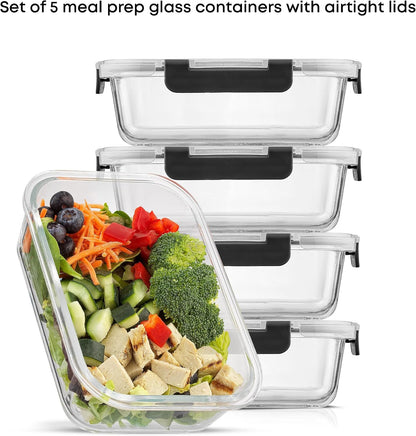 JoyJolt Glass Food Storage Containers with Lids. 5 Pack Glass Meal Prep Containers Reusable 35oz Single Compartment Airtight Container Set. Lunch Containers for Adults and Kitchen Storage Containers