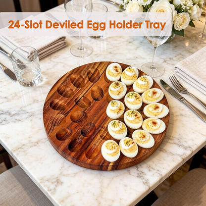 Acacia Wood Deviled Egg Carrier with Secure Snap-Lock Lid – Holds 24 Eggs for Parties,Potlucks & Picnics,Portable Serving Tray with Handle, Dishwasher-Safe Lid,Easter Hostess Gift Idea