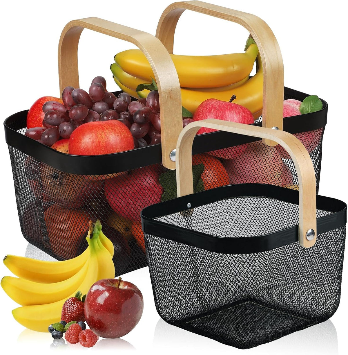 Coloful Metal Mesh Wire Basket with Foldable Wooden Handle,Bin Garden Fruit Vegetable Storage Hanging Harvest Holder for Kitchen Bathroom Picnic (Yellowish Green, Cuboid-15.7 x 9.5 x 7.2“)