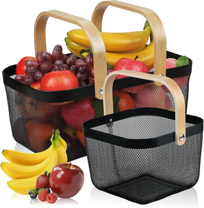 Coloful Metal Mesh Wire Basket with Foldable Wooden Handle,Bin Garden Fruit Vegetable Storage Hanging Harvest Holder for Kitchen Bathroom Picnic (Yellowish Green, Cuboid-15.7 x 9.5 x 7.2“)