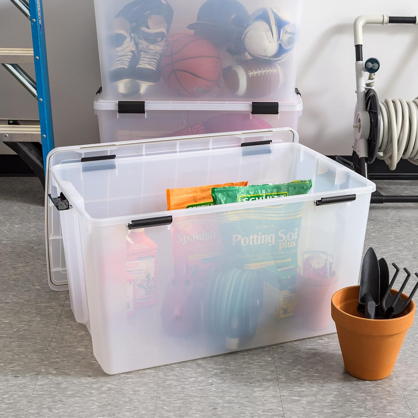 IRIS USA Storage Bins with Lids, WeatherPro Wheeled 106 Qt, Plastic, 3 Pack | Weather-tight gasket, wheels, and secure latches protect camping gear, tools, holiday décor, clothing, and documents.