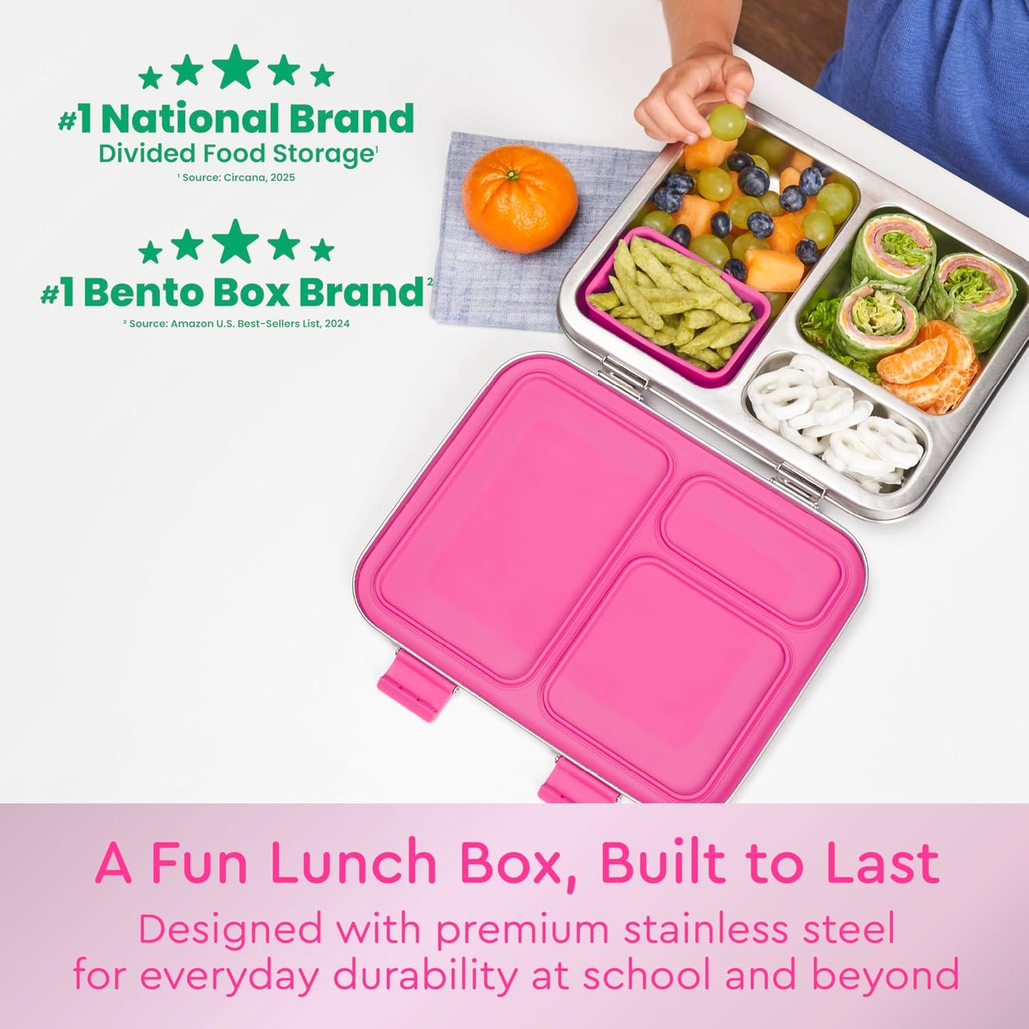 Bentgo Kids Stainless Steel Leak-Resistant Lunch Box - 3-Compartments with Bonus Silicone Container, Durable, Eco-Friendly, Dishwasher Safe, BPA-Free, Ideal for School, Ages 3+ (Silver)