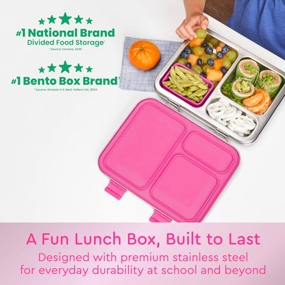 Bentgo Kids Stainless Steel Leak-Resistant Lunch Box - 3-Compartments with Bonus Silicone Container, Durable, Eco-Friendly, Dishwasher Safe, BPA-Free, Ideal for School, Ages 3+ (Silver)