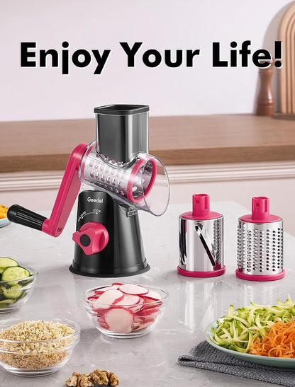 Geedel Rotary Cheese Grater, Kitchen Mandoline Vegetable Slicer with 3 Interchangeable Blades, Easy to Clean Rotary Grater Slicer for Cheese, Vegetables, Nuts
