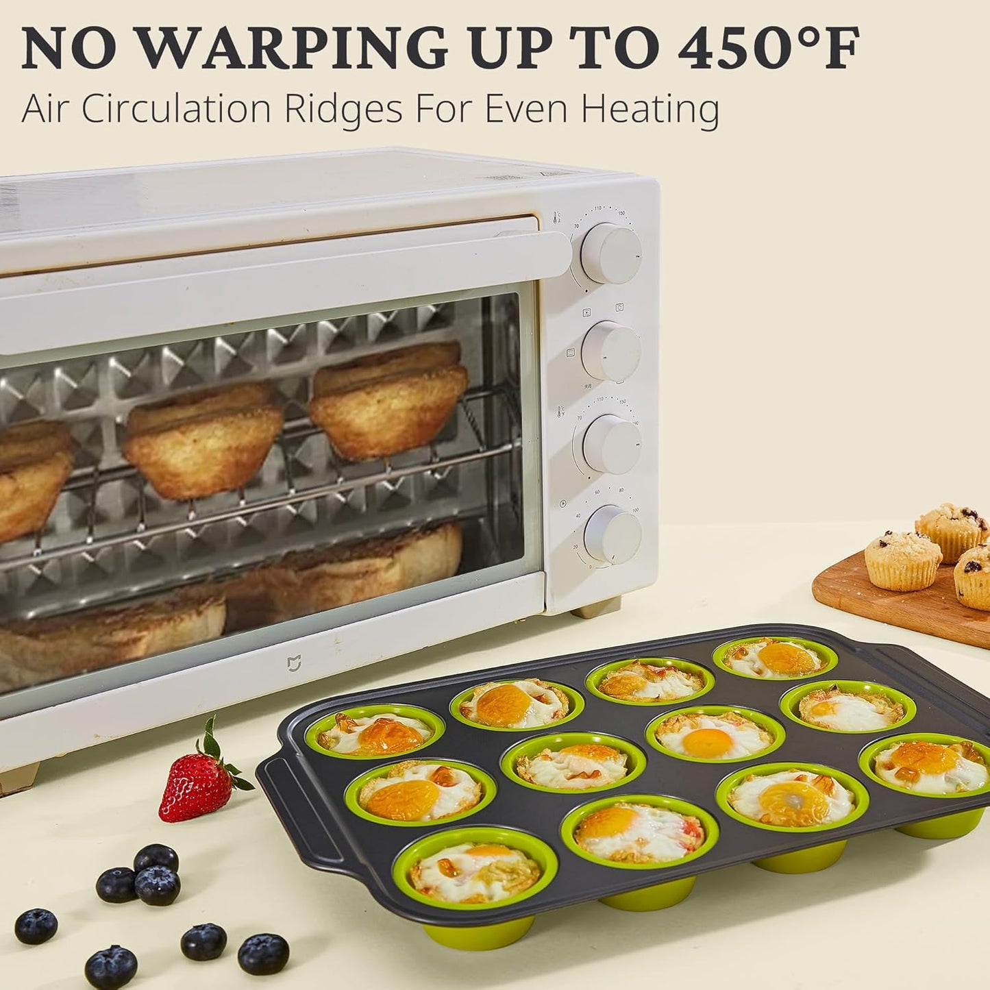 BRONYPRO Silicone Muffin Pans for Baking with Metal Frame, Egg Bite Molds, Cupcake Pans 12 Regular Size, Muffin Tins Easy to Pop Nonstick Non Toxic Bakeware for Oven,Blue