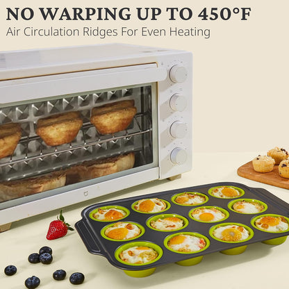 BRONYPRO Silicone Muffin Pans for Baking with Metal Frame, Egg Bite Molds, Cupcake Pans 12 Regular Size, Muffin Tins Easy to Pop Nonstick Non Toxic Bakeware for Oven,Blue