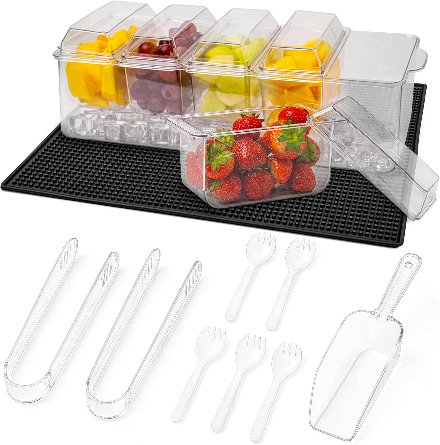 Ice Chilled Serving Trays for Party – 5Pcs Serving Dishes Condiment Cups with Lids Include Spill and Condensation Mat, Serving Utensils – Large Ice Tray and Convenient Draining Hole