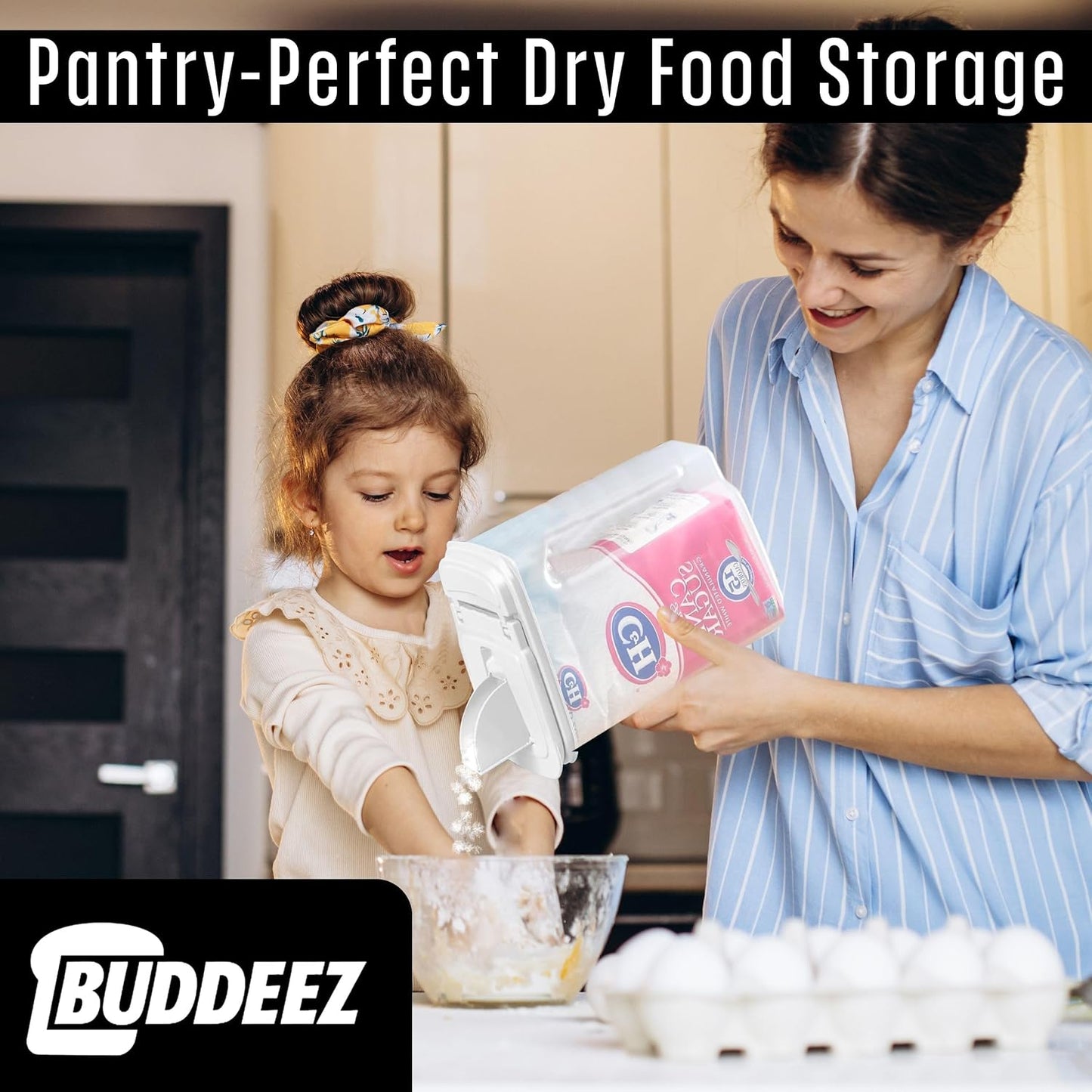 Buddeez Kitchen Pantry Container - Easy Grip Handle for Mess Free Use - Flour and Sugar Storage Made Simple - 4 Quart White Lid