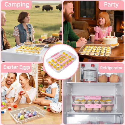 MesRosa 2 Pack Deviled Egg Containers with Lid and Handle, Durable Clear Plastic Deviled Egg Carrier Storage 48 Eggs, Stackable Egg Holder for Fridge, Portable Tray Platter for Party & Picnics-White