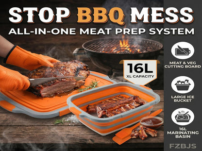 Collapsible BBQ Prep Tub with Lid & Cutting Board 16L - XL Meat Marinating Basin & Grill Carry System - 5pc Set with Heat Resistant Gloves, Basting Brush & Spatula (Black, Large, 16L)