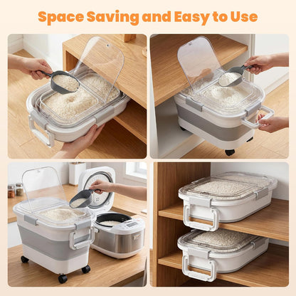 30 Lbs Rice Storage Container with Wheels, Collapsible Airtight Dog Food Storage Container with Transparent Lid, Measuring Cup, Scoop, Handle, BPA Free Rice Holder for Pet Food, Grain, Bird Seed