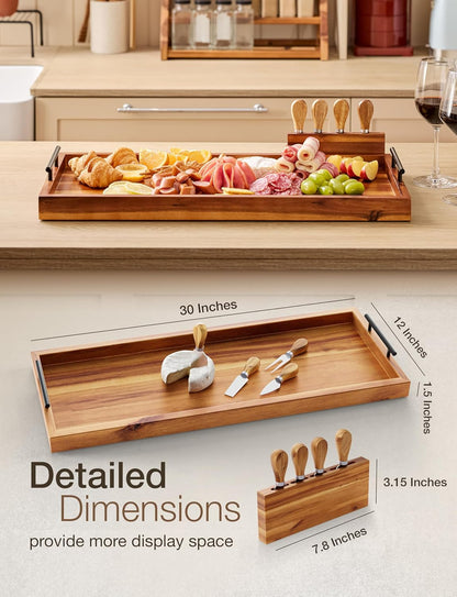 TIDITA Acacia Large Charcuterie Boards for Party with Cheese Knife Set of 4 – Acacia Wood Serving Tray with Handles, Long Charcuterie Board, Wooden Cheese Board (Walnut Color, 30 Inch)