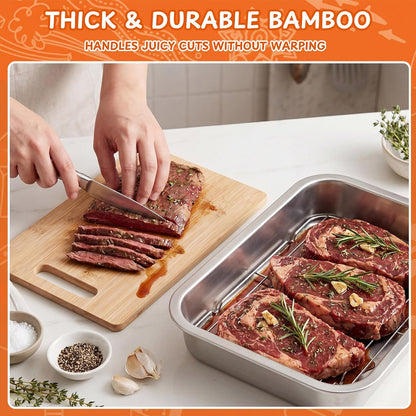 8-in-1 Stainless Steel Grill Prep Tray and Carry System with Meat Resting Bag, Bamboo Cutting Board, Rack, Pans & Lids - Outdoor BBQ Kit Grill Accessories for Cooking, Camping, Kitchen Prep(Large)