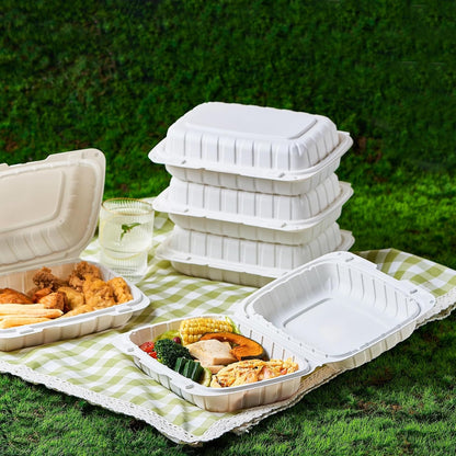 8X8 3-Compartment 50-Pack Plastic Clamshell Takeout Food Trays Heavy Duty Togo Disposable Box Carryout Meal Prep Packaging Catering Hinged Containers With Secure Snap Lid (Formerly FULING)