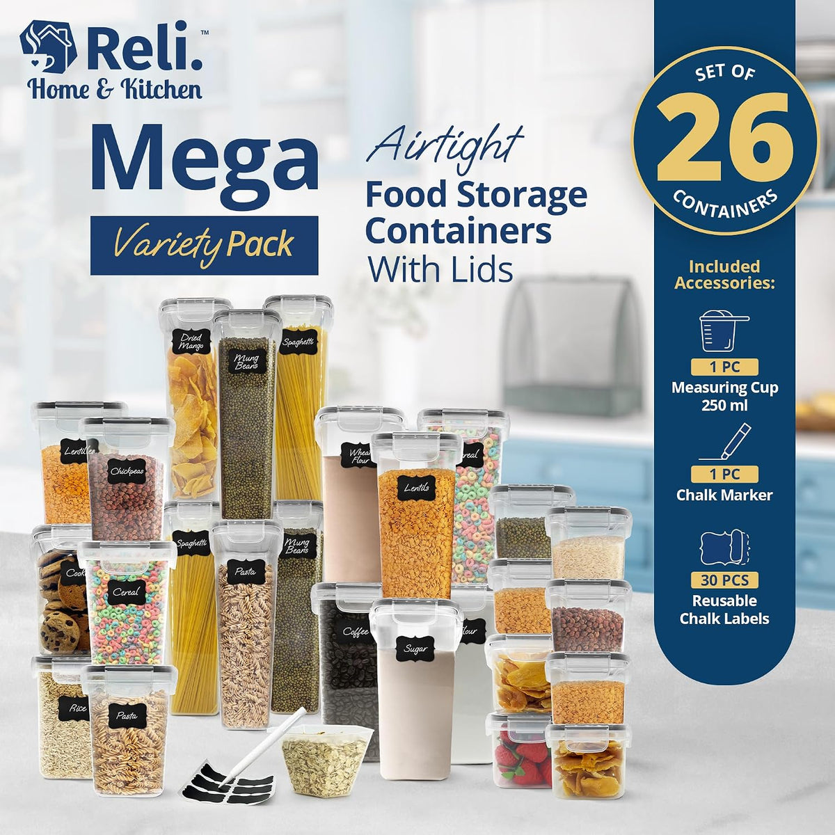 Reli. Airtight Canister Set with Lids (26 Set) | Clear Plastic Food Storage Canisters | Mega Variety Pack | BPA-Free