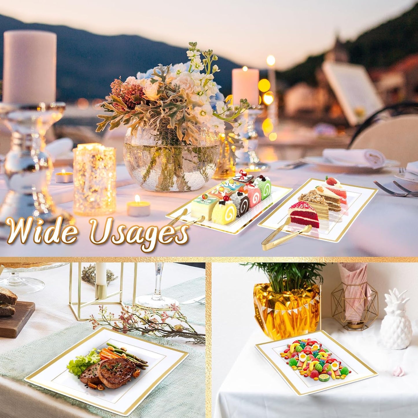 20 Sets Plastic Serving Tray,White & Gold Rim Food Trays with Stainless Serve Tongs,Versatile Serving Trays for Party, Serving Platter for Party, Food, Fruit, Dessert, Tea Party, Wedding