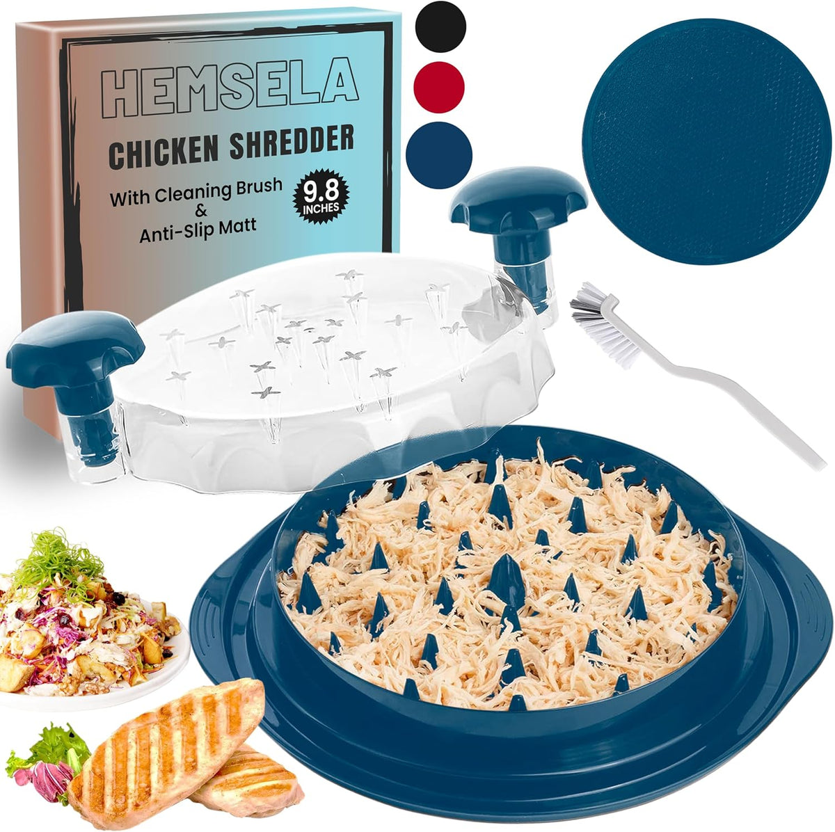 Chicken Shredder Tool Twist Large 9.8” with Visible Lid & Cleaning Brush | Meat Shredder Twist for Thin Chicken Breast | Dishwasher Safe Chicken Shredder Tool Twister & Food Shredder (Blue)