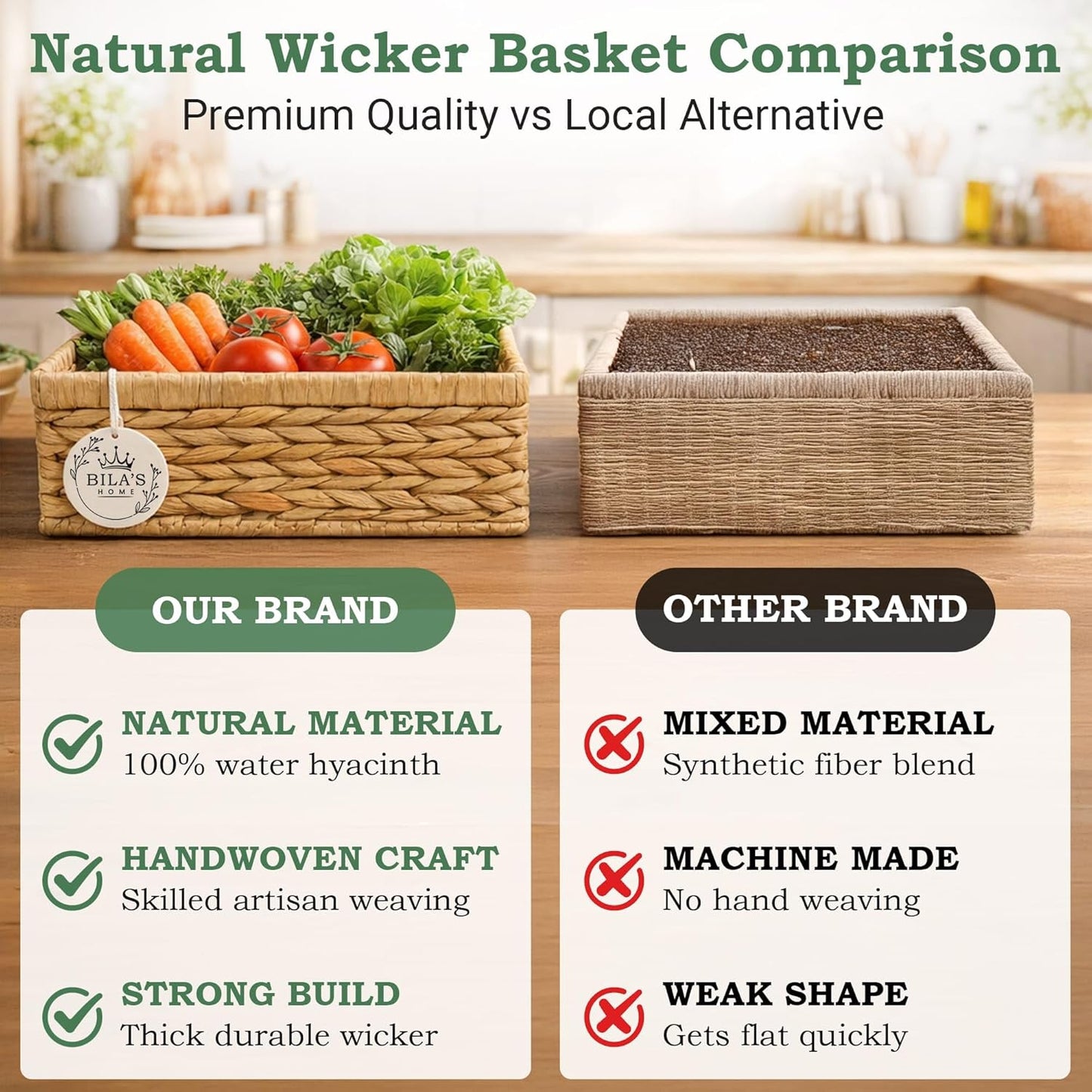Water Hyacinth Storage Baskets – Handwoven Wicker Organizer with Built‑In Handles, Natural Decorative Basket for Shelves, Pantry, Bathroom, Bedroom