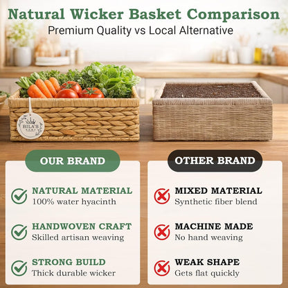 Water Hyacinth Storage Baskets – Handwoven Wicker Organizer with Built‑In Handles, Natural Decorative Basket for Shelves, Pantry, Bathroom, Bedroom