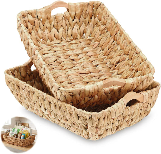 Storage Basket Set of 2 14.4x10.6x4.4 Inch Water Hyacinth Storage Baskets with Wooden Handles Woven Bins for Shelves Natural Handmade Rectangular Organizers for Pantry Bathroom Living Room