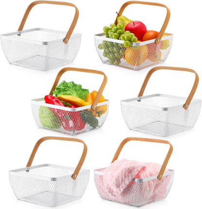 6 Pcs Metal Mesh Steel Basket with Handle Small Shopping Baskets Square Wire Harvest Storage for Kitchen Storage Garden Picnic Bathroom Organizing, 8.46 x 8.46 x 4.13 Inch(Black)