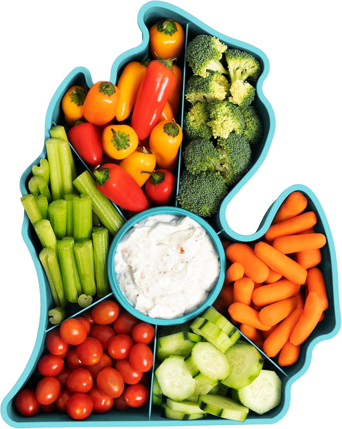 KOLORAE Michigan Serving Tray - Unique 7 Compartment Mitten State Reusable Snack Tray w/Dressing Cup. Great for Entertaining and Storage for Appetizers, Snacks, Chips & Dip