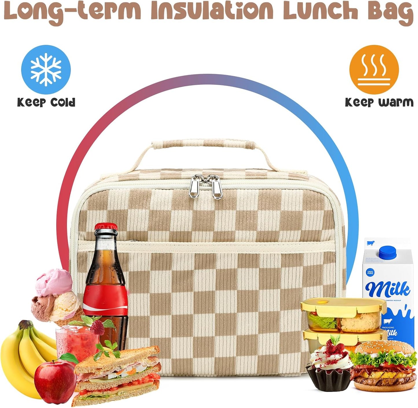 Bluboon Insulated Lunch Bag for Girls & Boys, Corduroy School Lunch Box with Cooler & Organizer Compartments, Leak-Proof Lunch Tote for School, Travel (Corduroy Strawberries Beige)