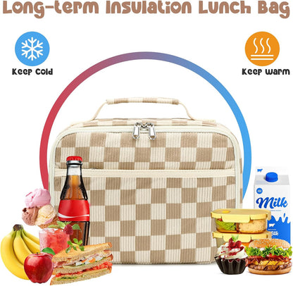 Bluboon Insulated Lunch Bag for Girls & Boys, Corduroy School Lunch Box with Cooler & Organizer Compartments, Leak-Proof Lunch Tote for School, Travel (Corduroy Strawberries Beige)