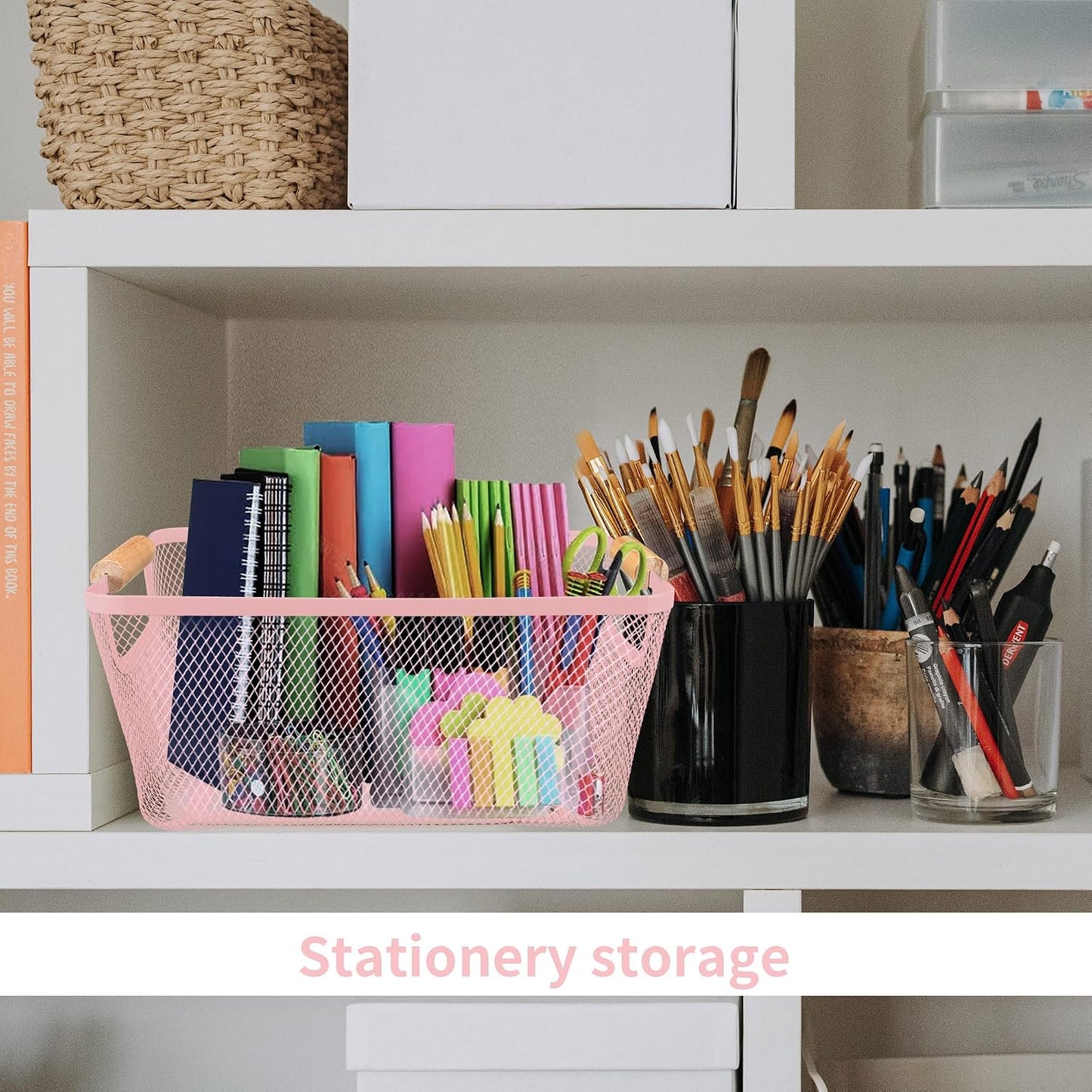 2Pack Metal Mesh Steel Basket with Bamboo Handle - Wire Metal Basket for Kitchen Organization, 12" Wide Food Organizer Bin, Perfect for Organizing Bulk Pantry (WHITE)