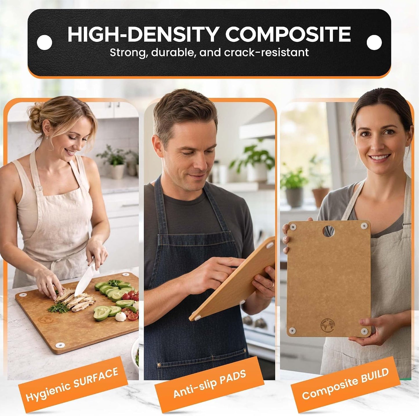 Earth's Dreams Composite Wood Cutting Board Set of 3 – Built In Juice Groove, Dishwasher Safe,Cutting Boards for Kitchen – Large, Medium & Small Non-Slip Wood Charcuterie & Chopping Boards (Tan/Black)