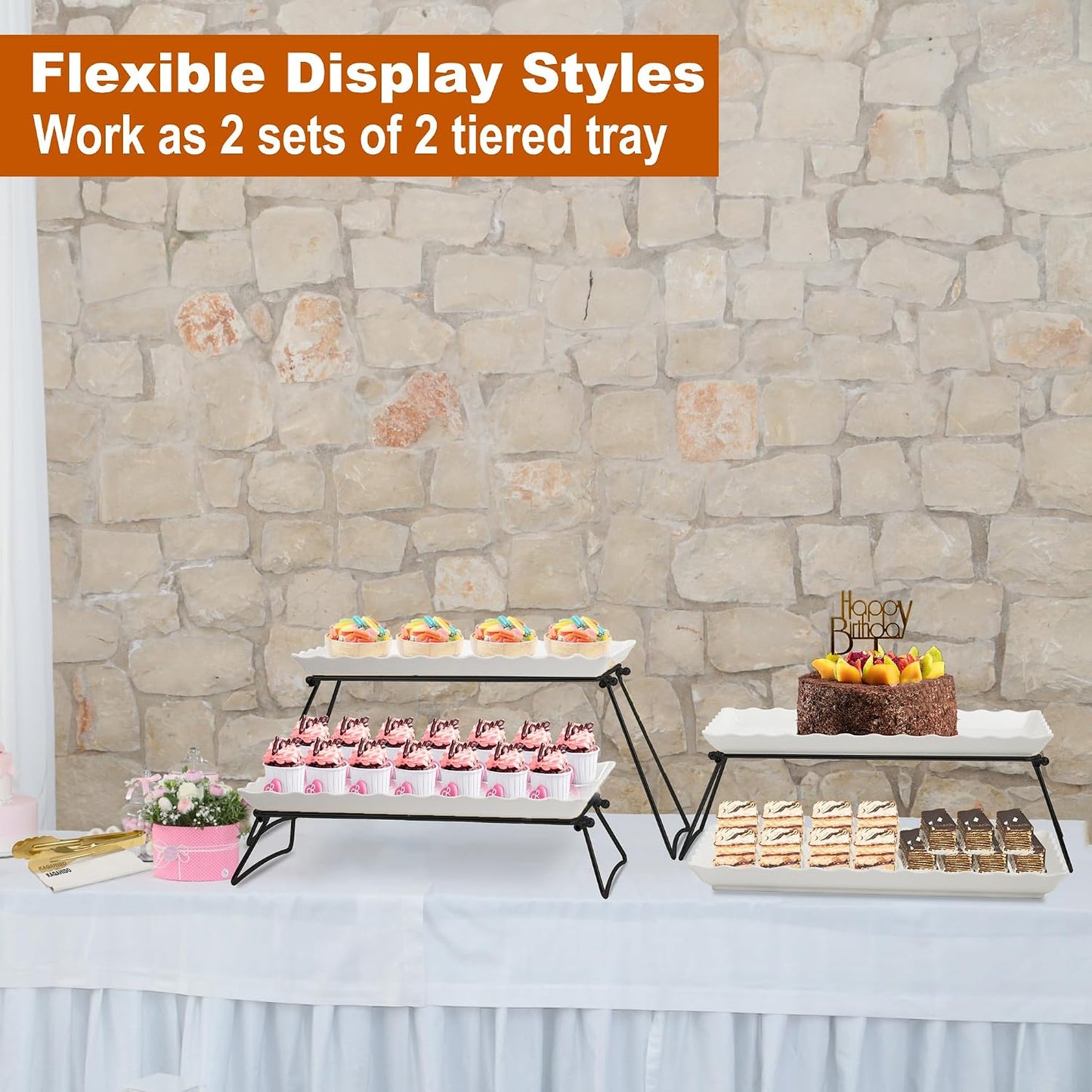 KAQAHIDO Extra Large 4 Tier Serving Tray Set, 34x22x10 inch Wave Edge Melamine Dessert Table Display Set, Tiered Trays Stand for Party Buffet Entertaining, Gold and White