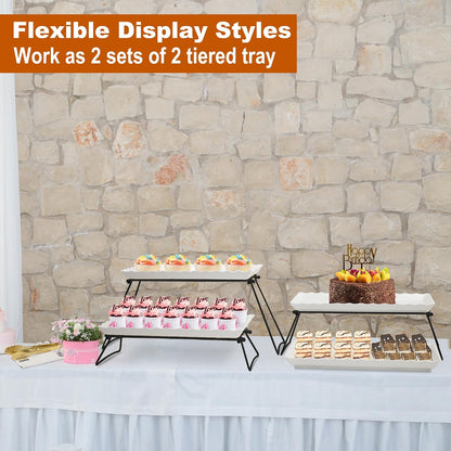 KAQAHIDO Extra Large 4 Tier Serving Tray Set, 34x22x10 inch Wave Edge Melamine Dessert Table Display Set, Tiered Trays Stand for Party Buffet Entertaining, Gold and White