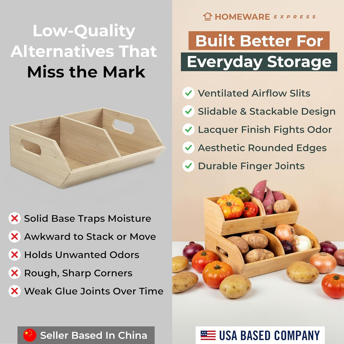 Potato and Onion Storage Bin for Pantry and Kitchen Counter - Ventilated Stackable Bamboo Organizer Baskets with Handles