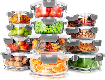 SereneLife 24 Piece Glass Storage Containers with Lids, 12 Pack Glass Meal Prep Container Set for Lunch, Kitchen Storage, Food Storage, Leak Proof, Freezer Safe and Dishwasher Safe, Blue