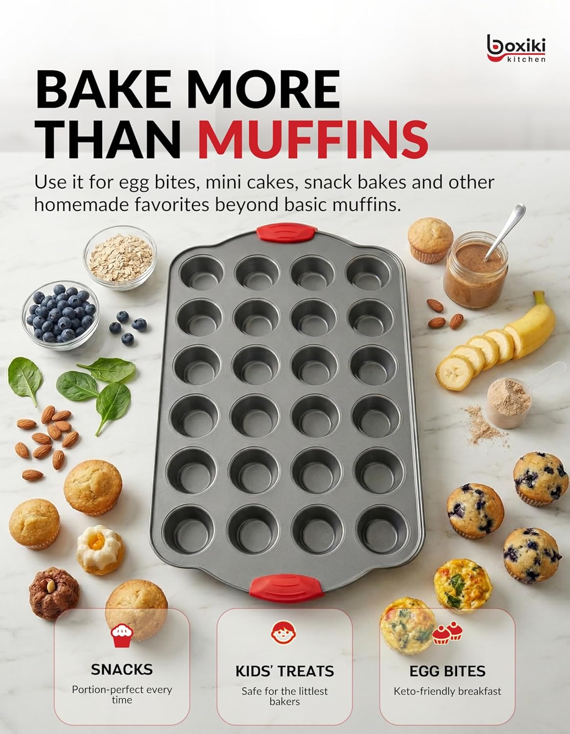 Boxiki Kitchen Non-Stick 12 Cup Silicone Muffin Pan with Steel Frame - BPA Free, Non-Toxic, Anti-Warp, Durable & Easy to Pop Silicone Muffin Tin - Perfect Cupcake Pan