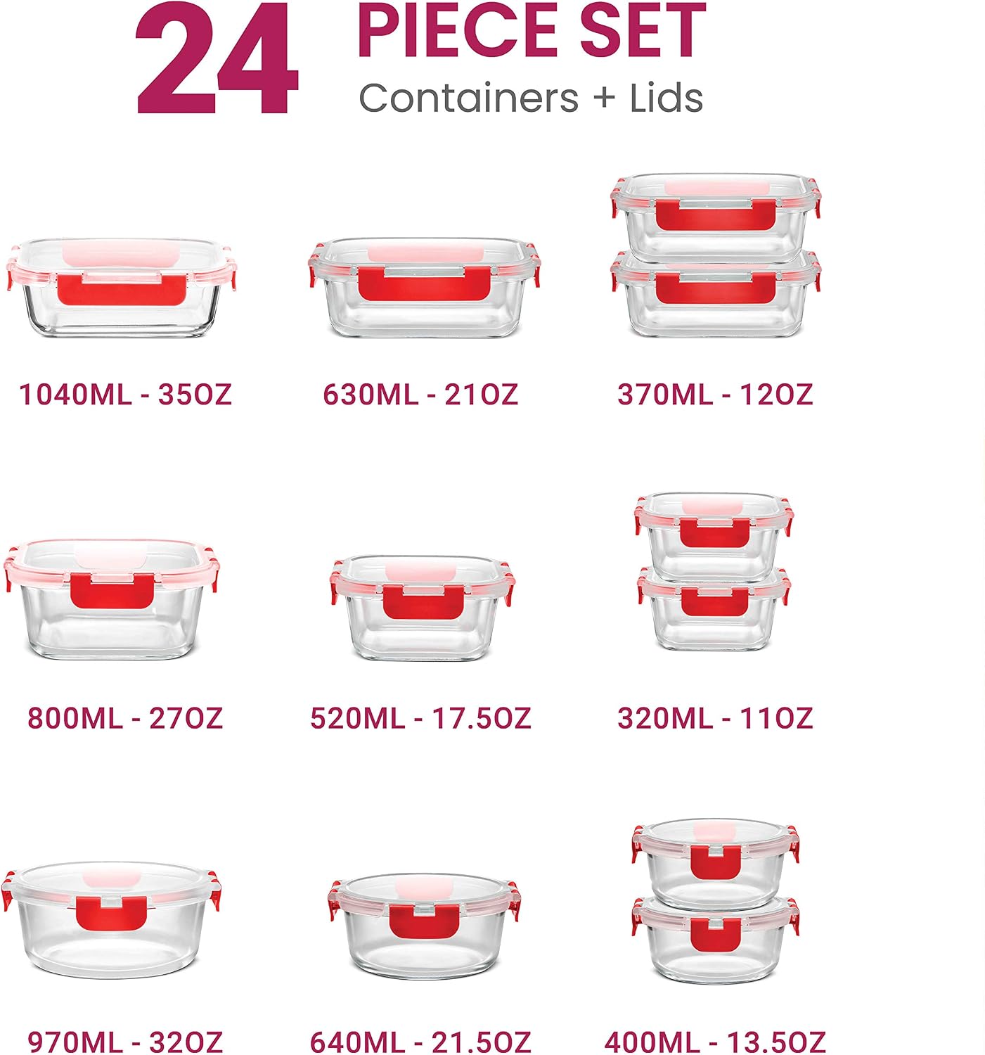 FineDine 24 Piece Glass Storage Containers with Lids - Leak Proof, Dishwasher Safe Glass Food Storage Containers for Meal Prep or Leftovers, Blue