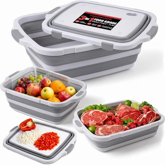 All-in-One Collapsible BBQ Prep Tub - Marinating Station & Food Storage with Built-in Cutting Board & Airtight Lid - Perfect for Grilling, Camping & Kitchen Organization (Gray)