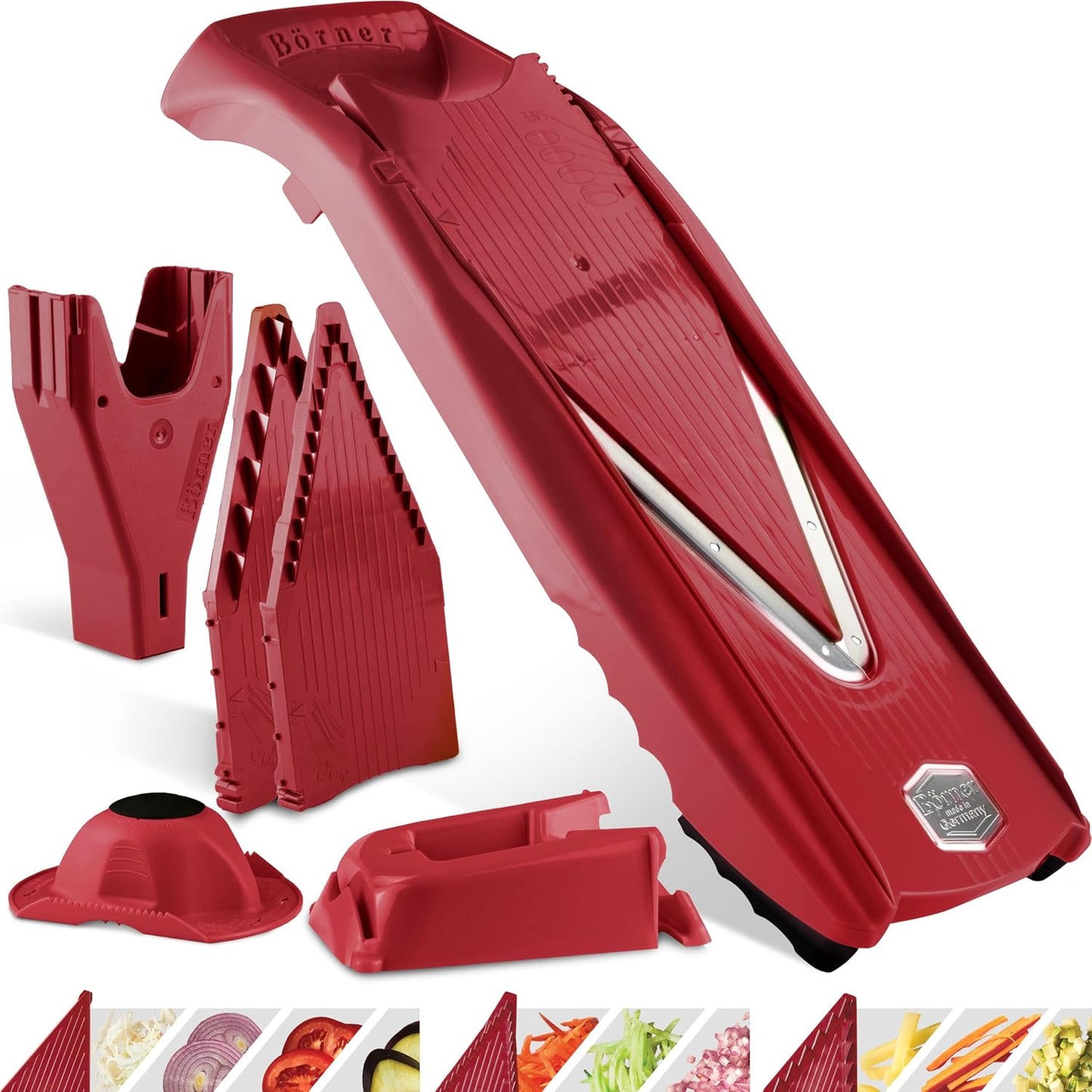Mandoline Food Slicer Börner V5 (Profi Set) by Reston Lloyd • V-Slicer with 4 Inserts, Docking Station & Food Holder • Made in Germany • Fruit & Vegetable Chopper • Multiple Settings • Color: Purple
