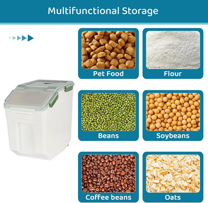 Rice Storage Container 25 lbs, Grey, 2 Pack | Airtight, with Wheels, Locking Lid, Measuring Cup Included, for Flour Sugar Grain Cereal
