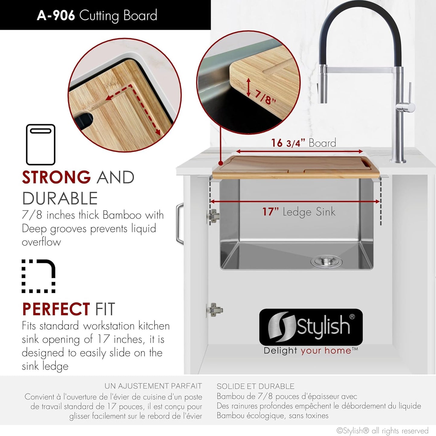 STYLISH Wotkstation Kitchen Sink Accessories Kit Included Stainless Steel Colander Over The Sink Drying Rack and Cutting Board, A-919KIT